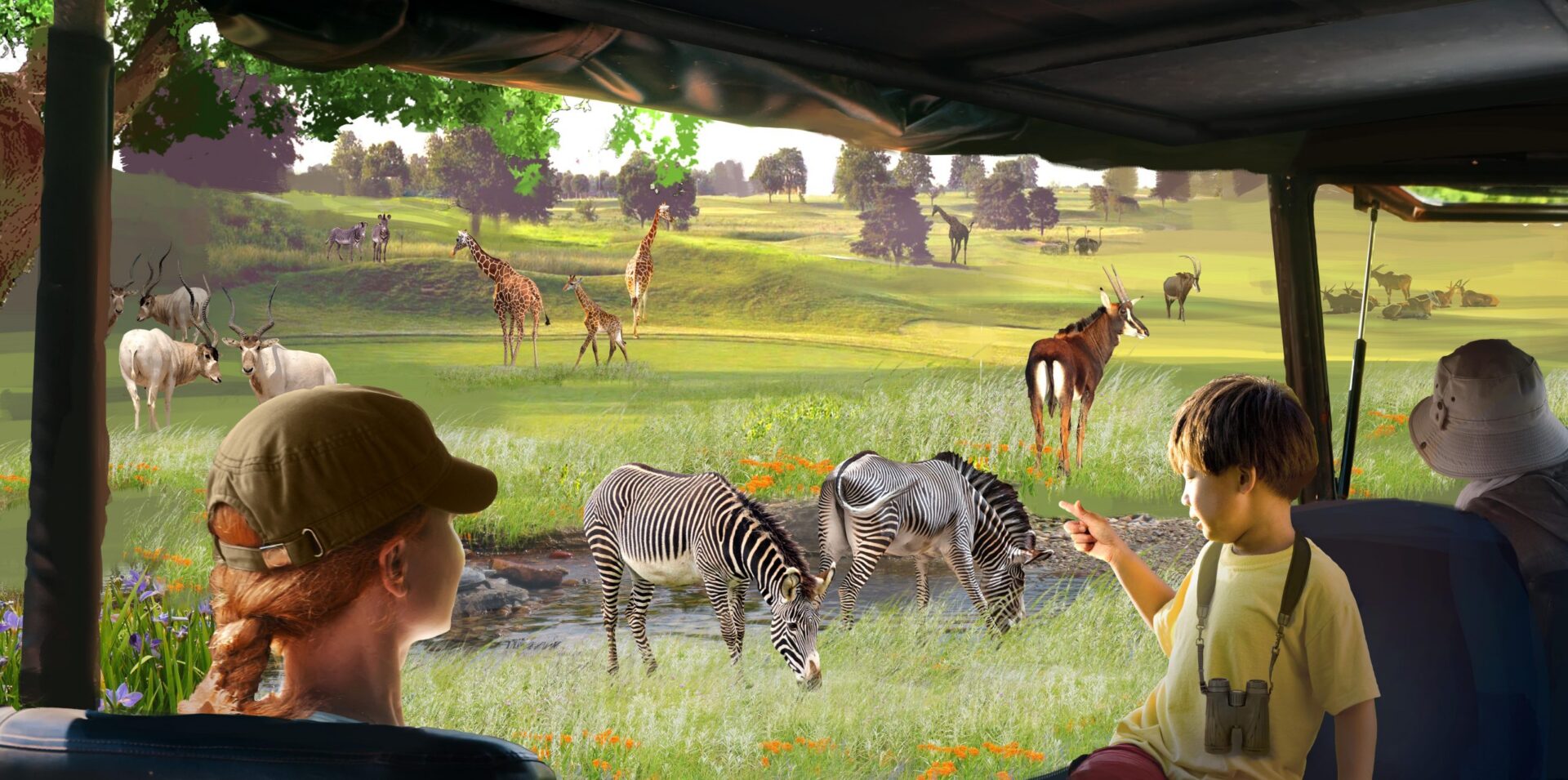 Safari jeep with passengers observing wildlife