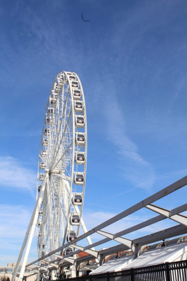 Large Ferris wheel against blue background