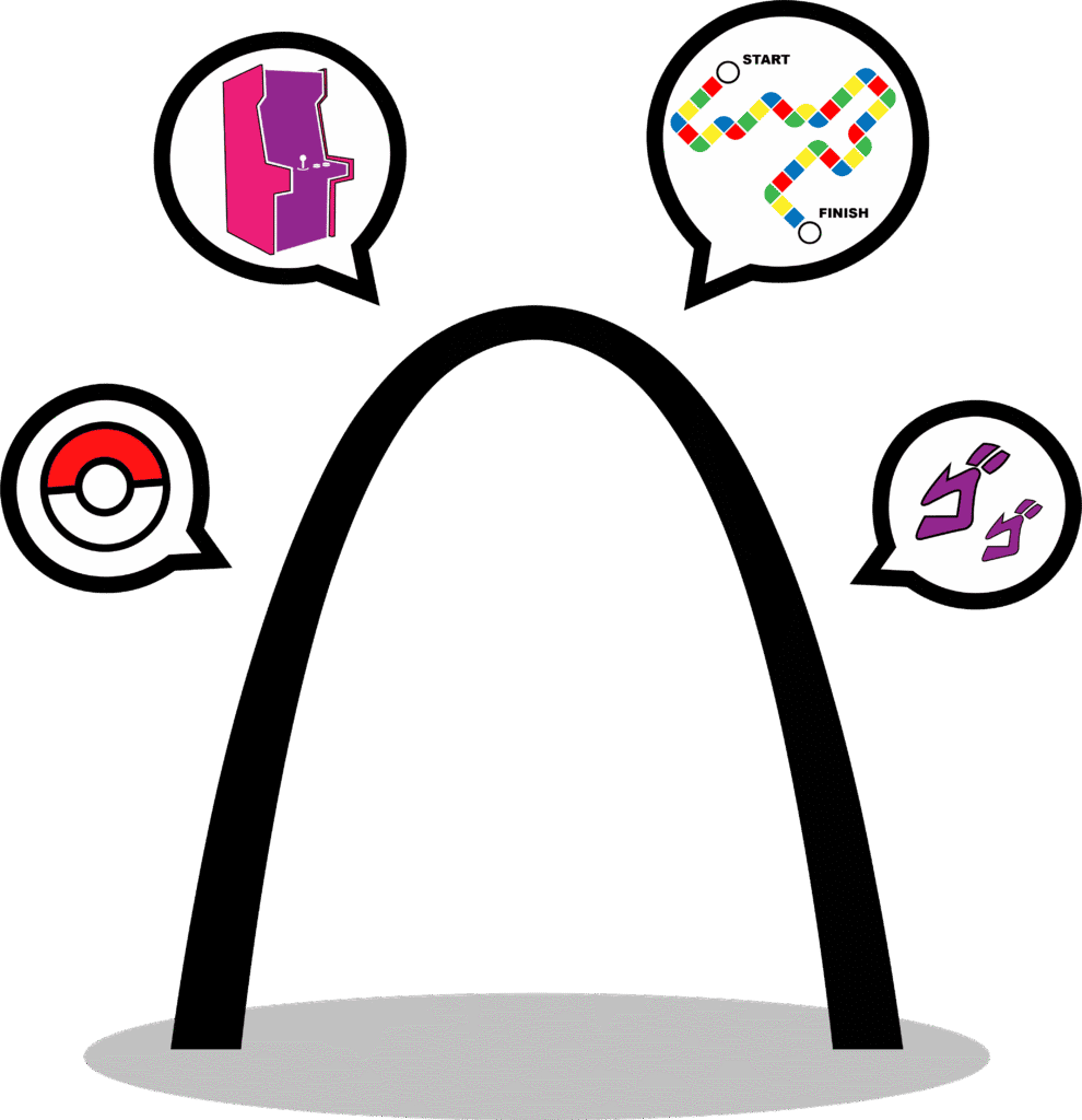 Colorful game elements floating above stage