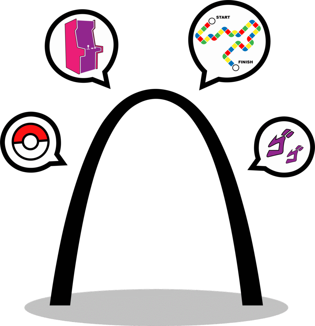Colorful game elements floating above stage