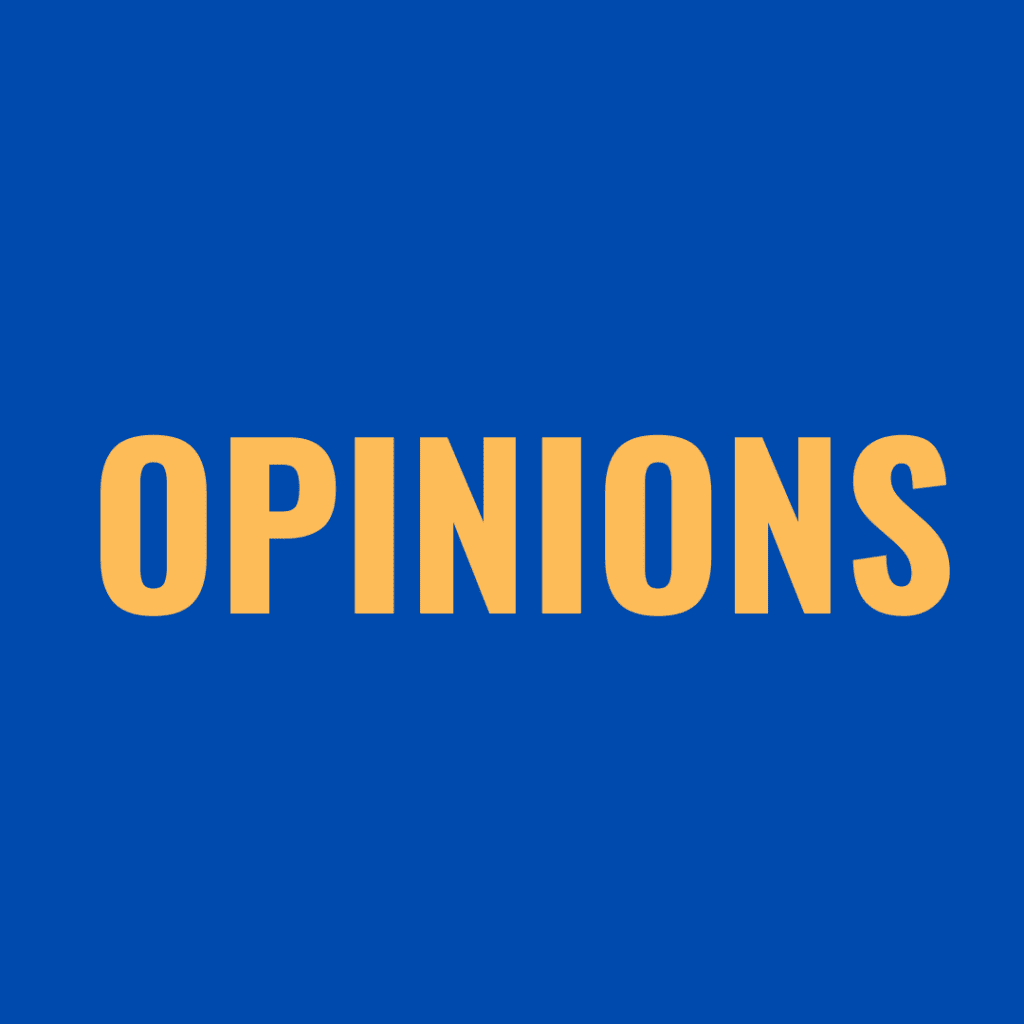 Blue background with "Opinions" text