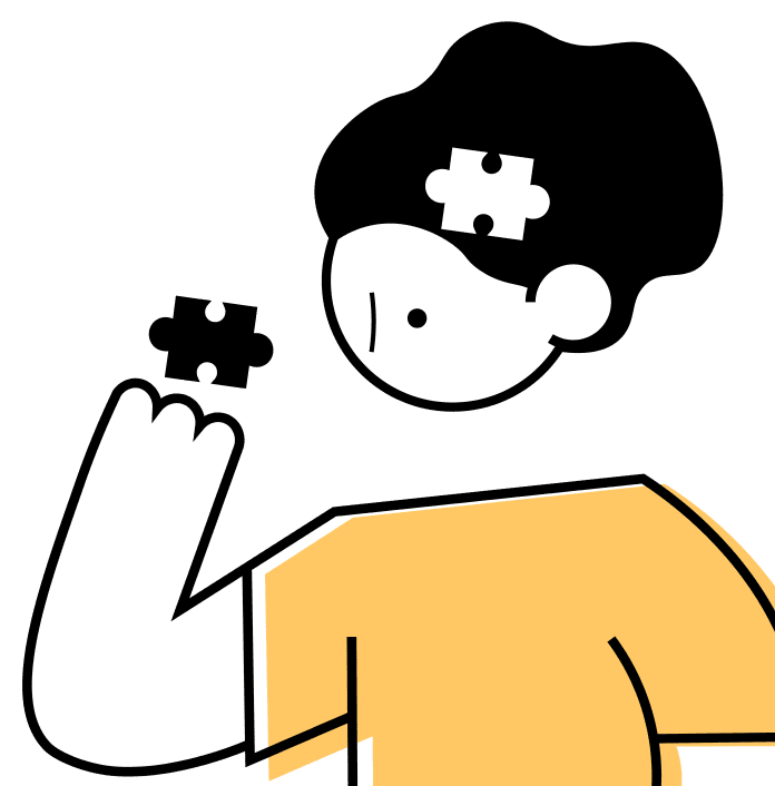 Cartoon figure with missing puzzle piece.