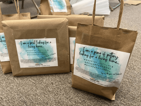 Labeled gift bags ready for distribution
