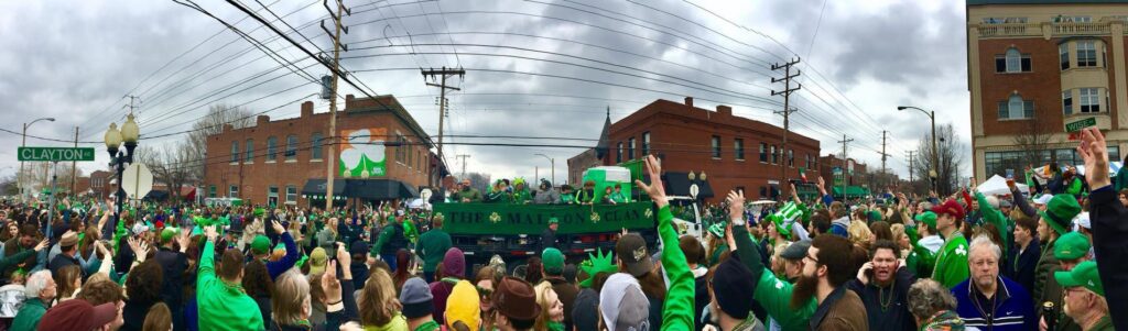 Crowd celebrating St. Patrick's Day parade