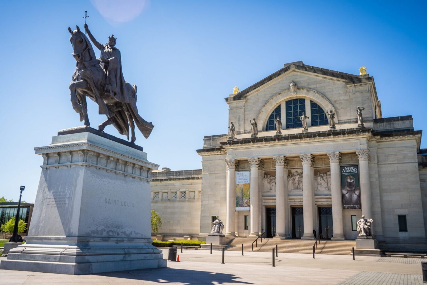 Equestrian statue outside grand museum building
