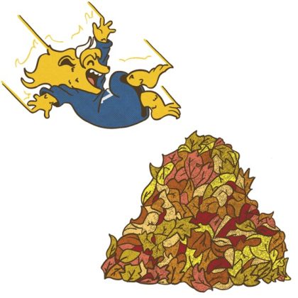 Cartoon character jumping into leaf pile