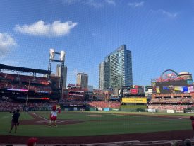 Baseball stadium under clear blue sky