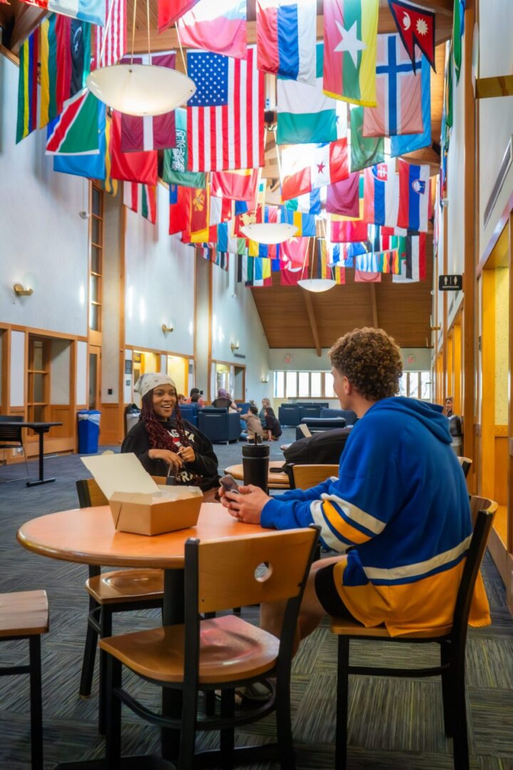 Students conversing under international flags