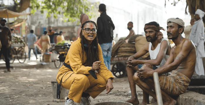 Casual outdoor conversation in bustling area