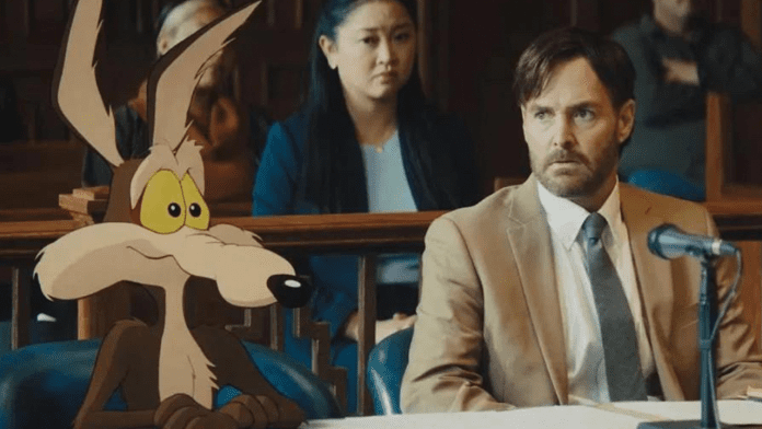 Court scene with cartoon and real person