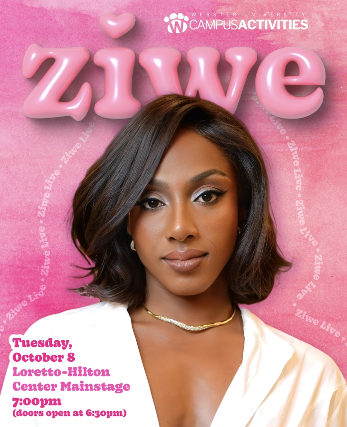 Pink event poster with woman smiling