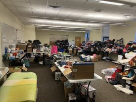 Organized charity donations in a room