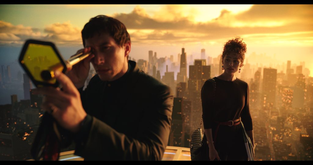 City skyline view at sunset