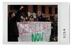 Protesters holding "Ceasefire Now" banner