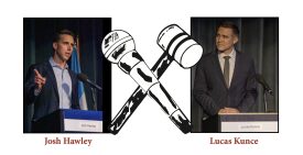 Two speakers at podiums with crossed gavels