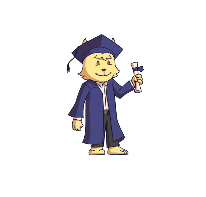 Lion character wearing graduation cap and gown.