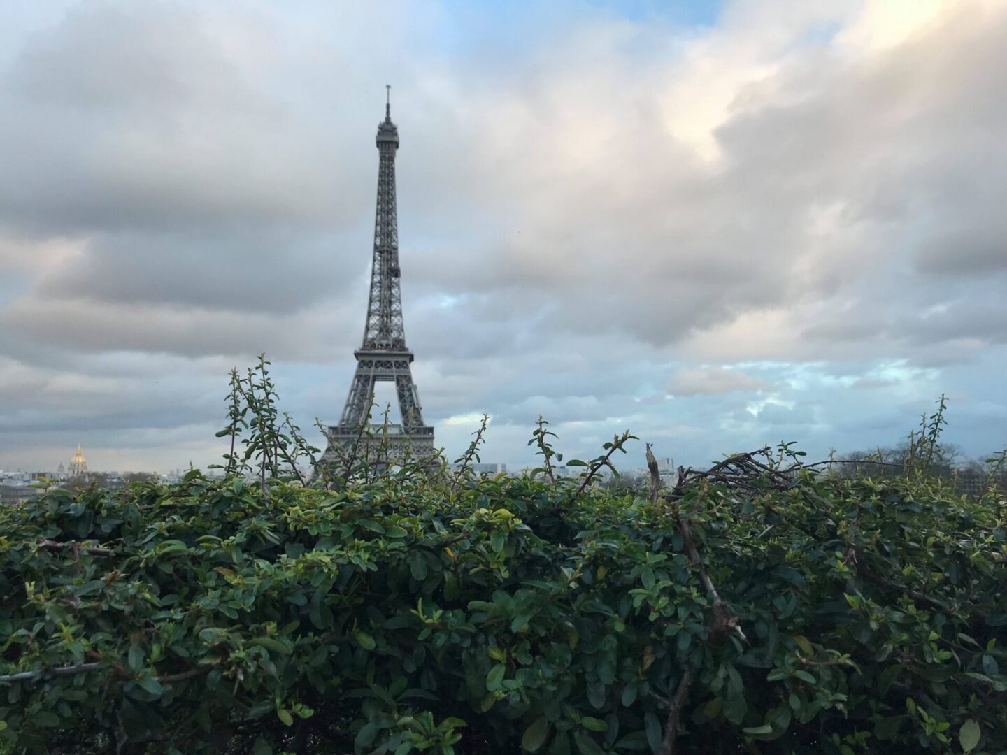 Paris landmark with cloudy backdrop