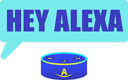 Hey Alexa" text above blue smart speaker