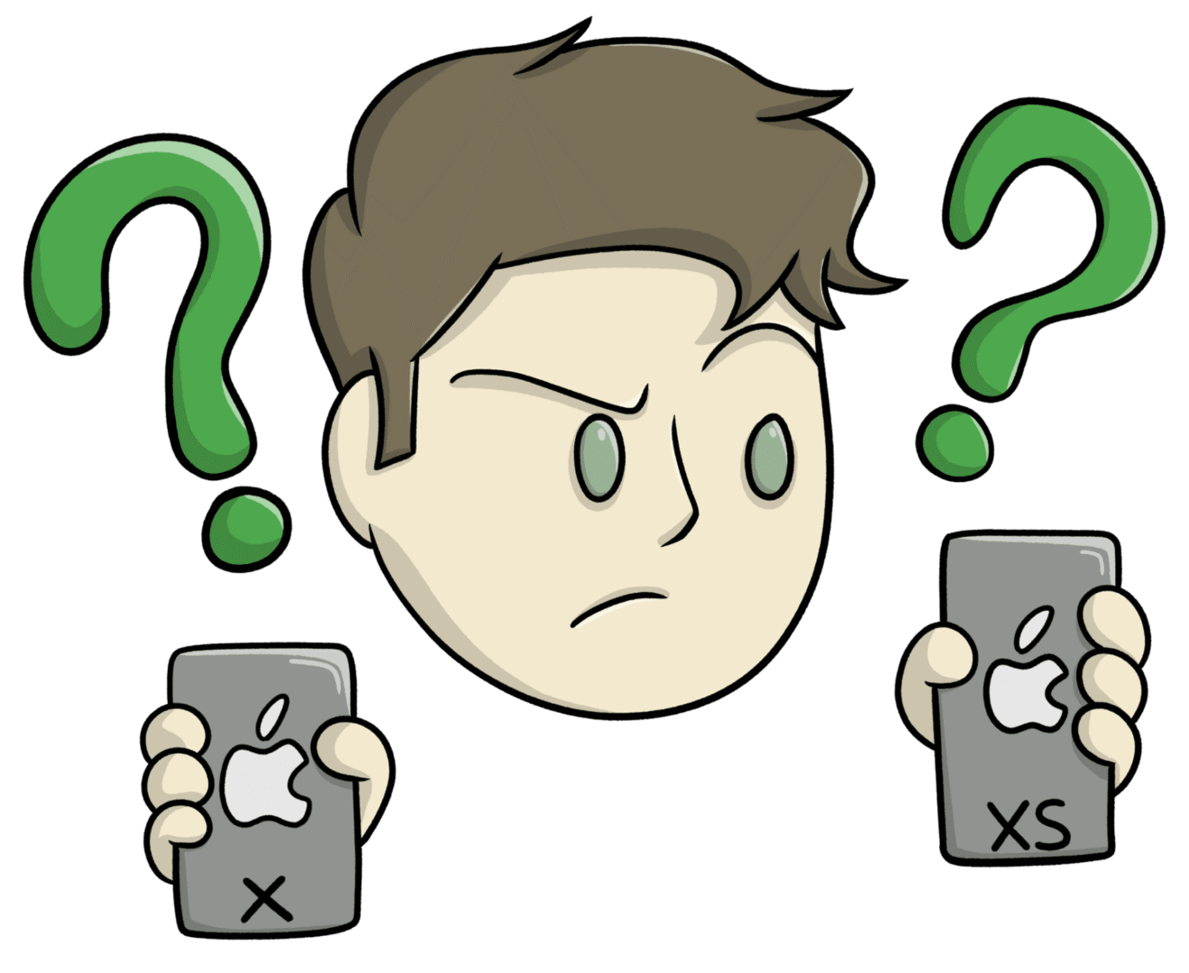 Confused character holding two smartphones