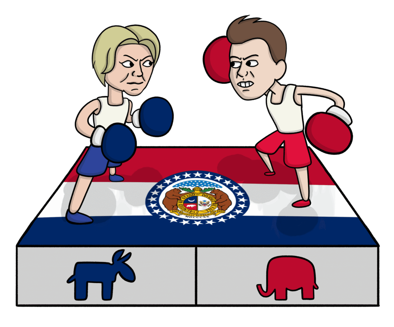Political cartoon with donkey and elephant symbols