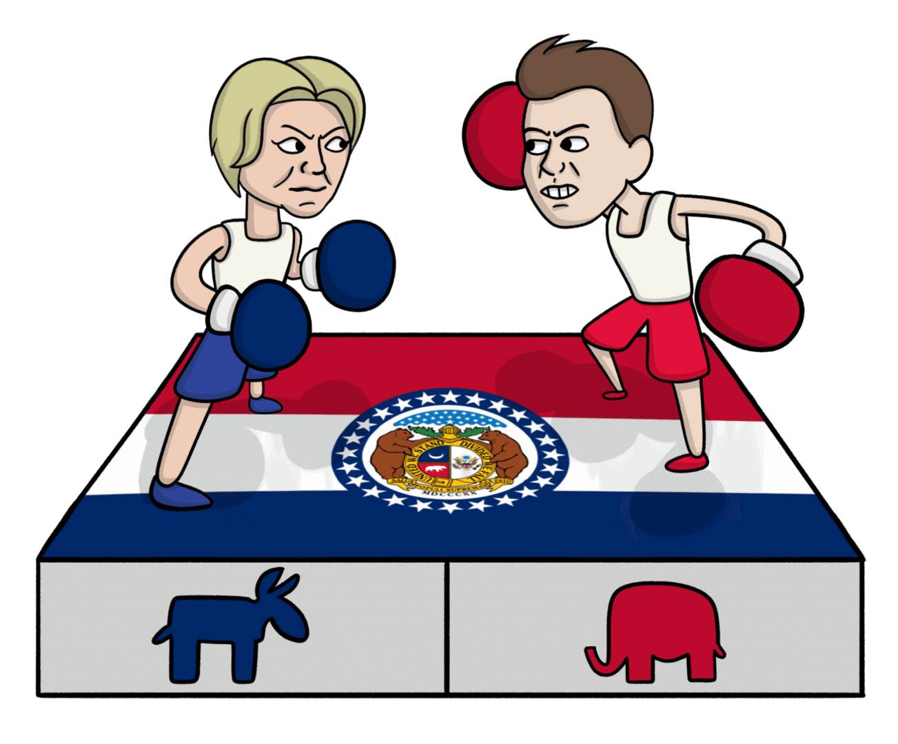Cartoon boxers on Missouri-themed platform