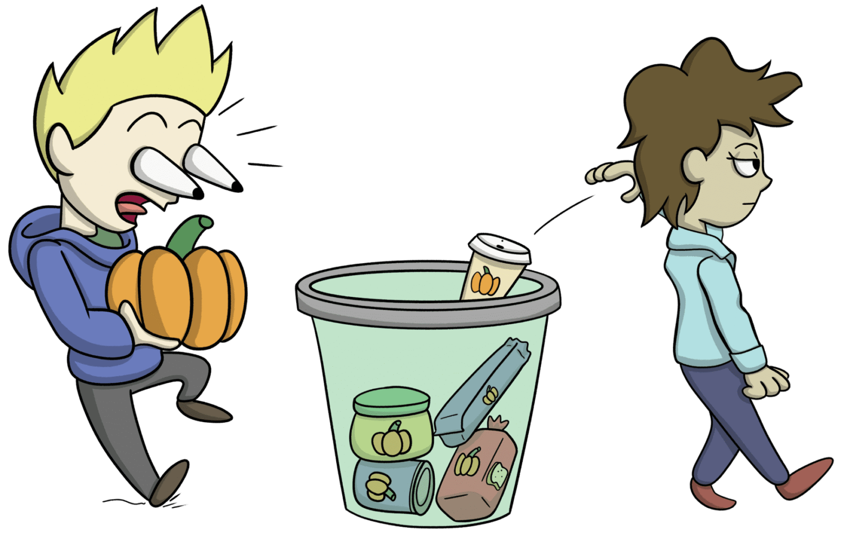 Comical scene with pumpkin and two characters