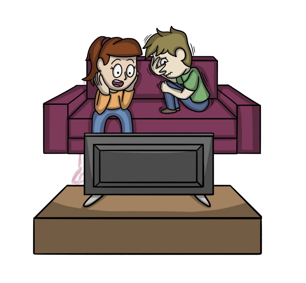 Animated children on a couch watching TV