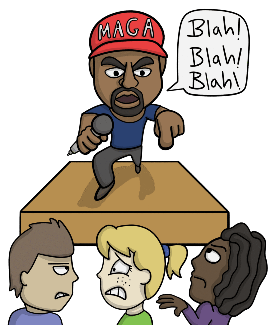 Cartoon man speaking on stage