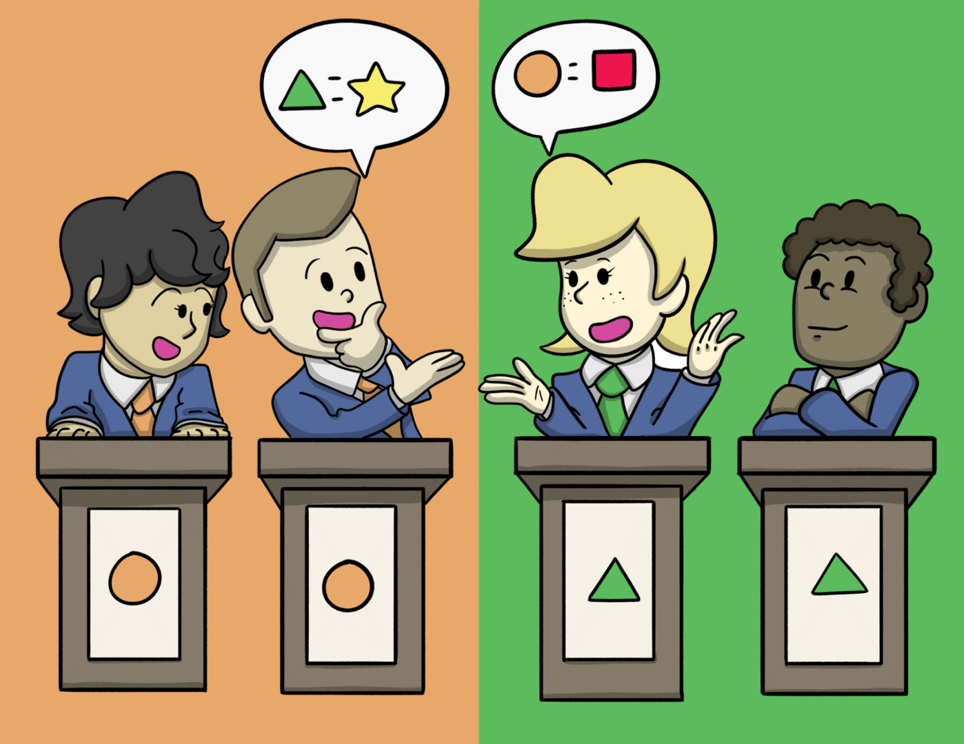 Cartoon debate with four characters
