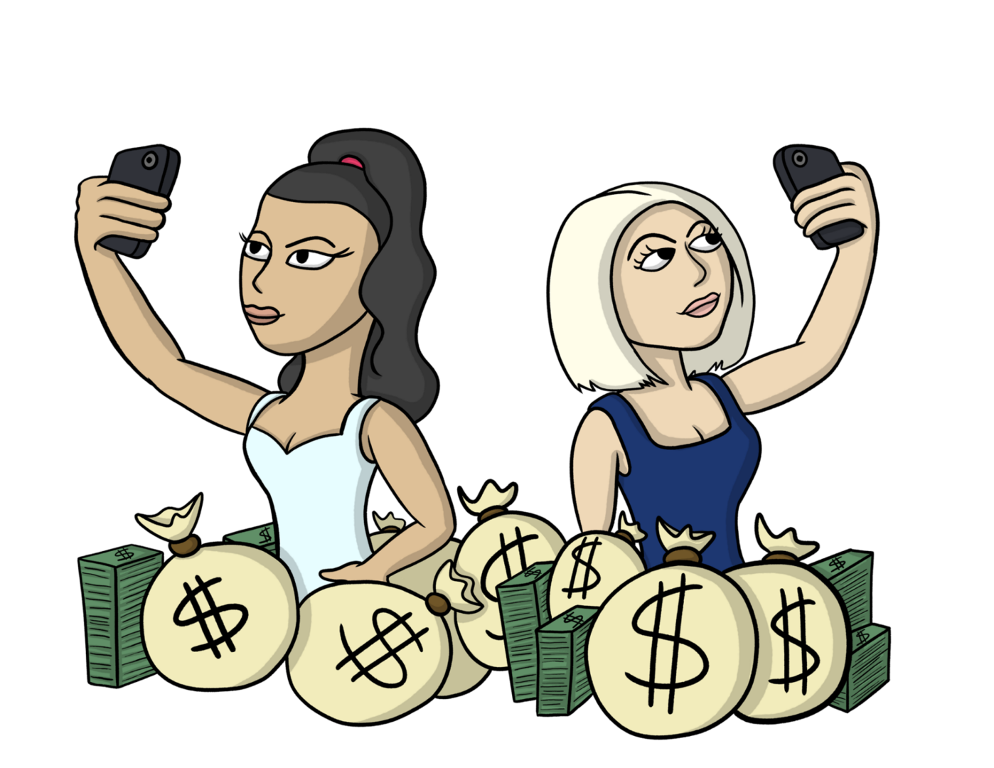 Women taking selfies with money bags