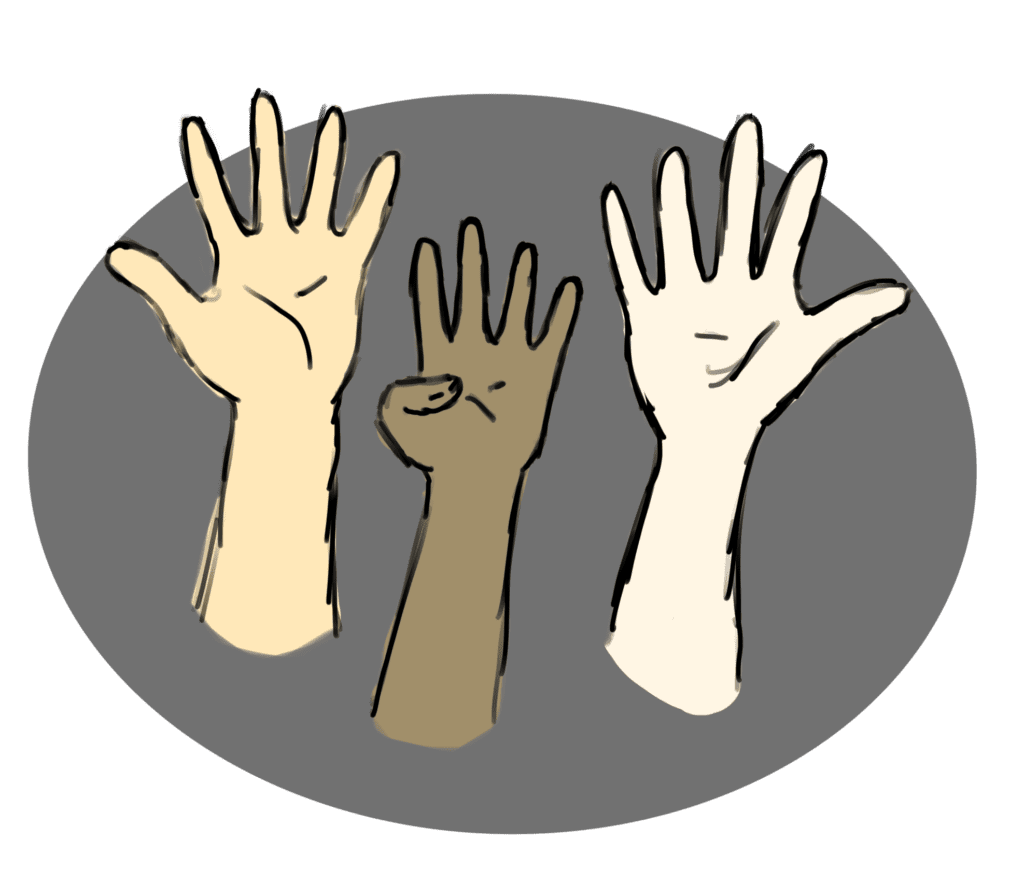 Three raised hands illustration