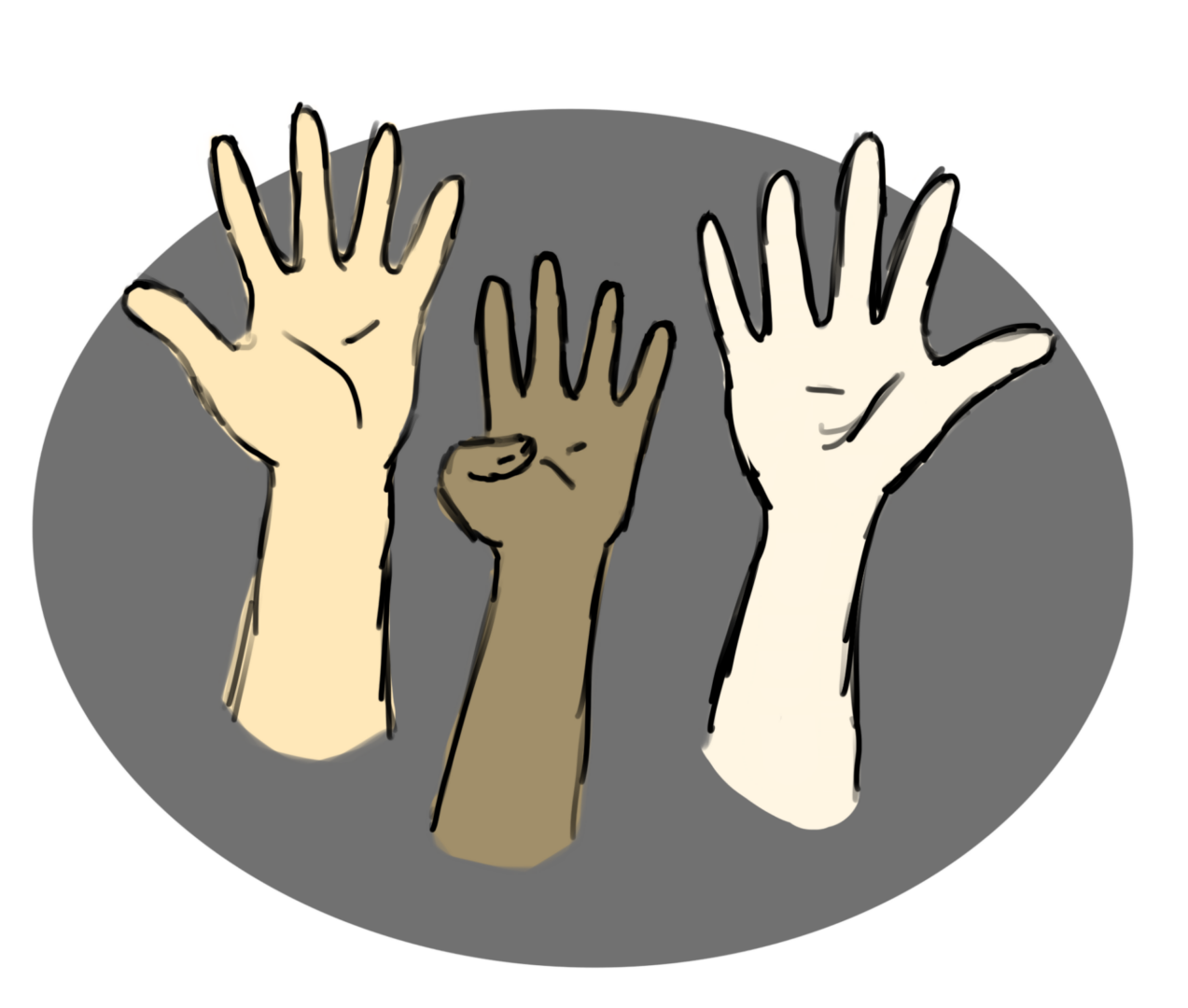 Three raised hands illustration
