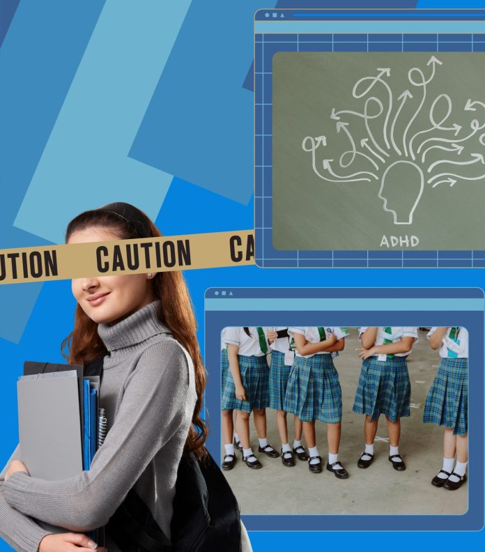 Girl holding books with caution tape