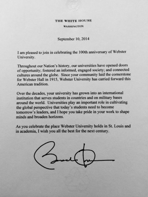 White House congratulatory letter to Webster University