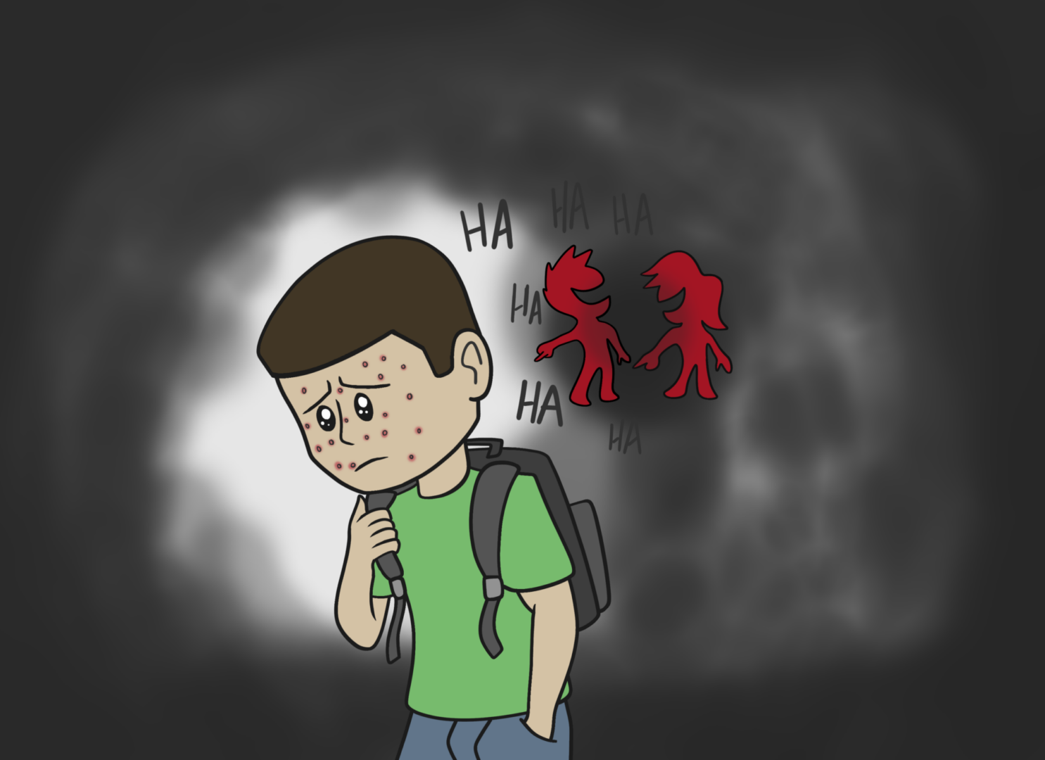 Sad boy with backpack being bullied