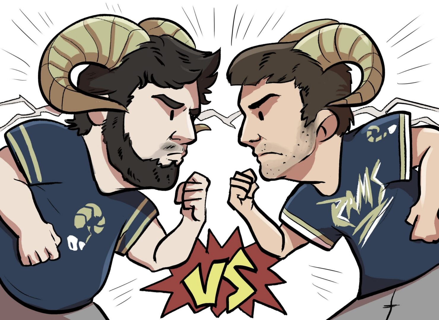 Two cartoon figures with ram horns clashing