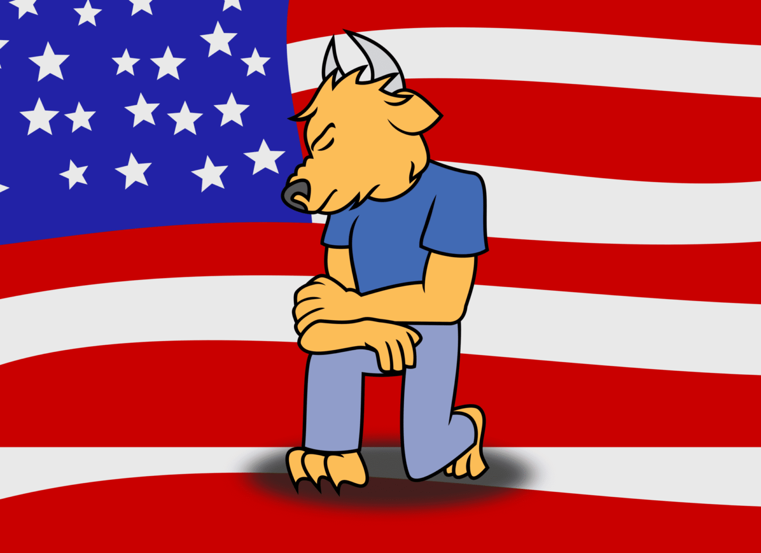 Illustrated creature kneeling on flag background