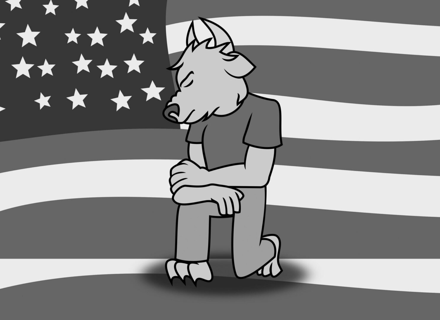 Illustrated creature in front of flag