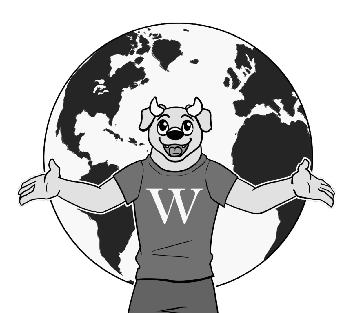 Mascot in front of world map