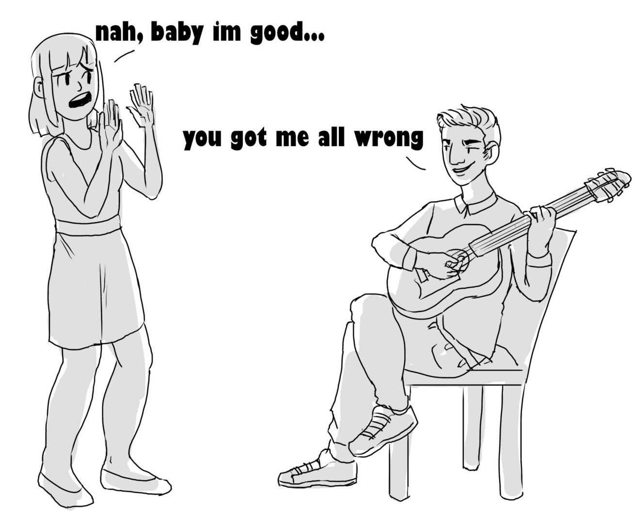 Woman rejecting serenading guitarist