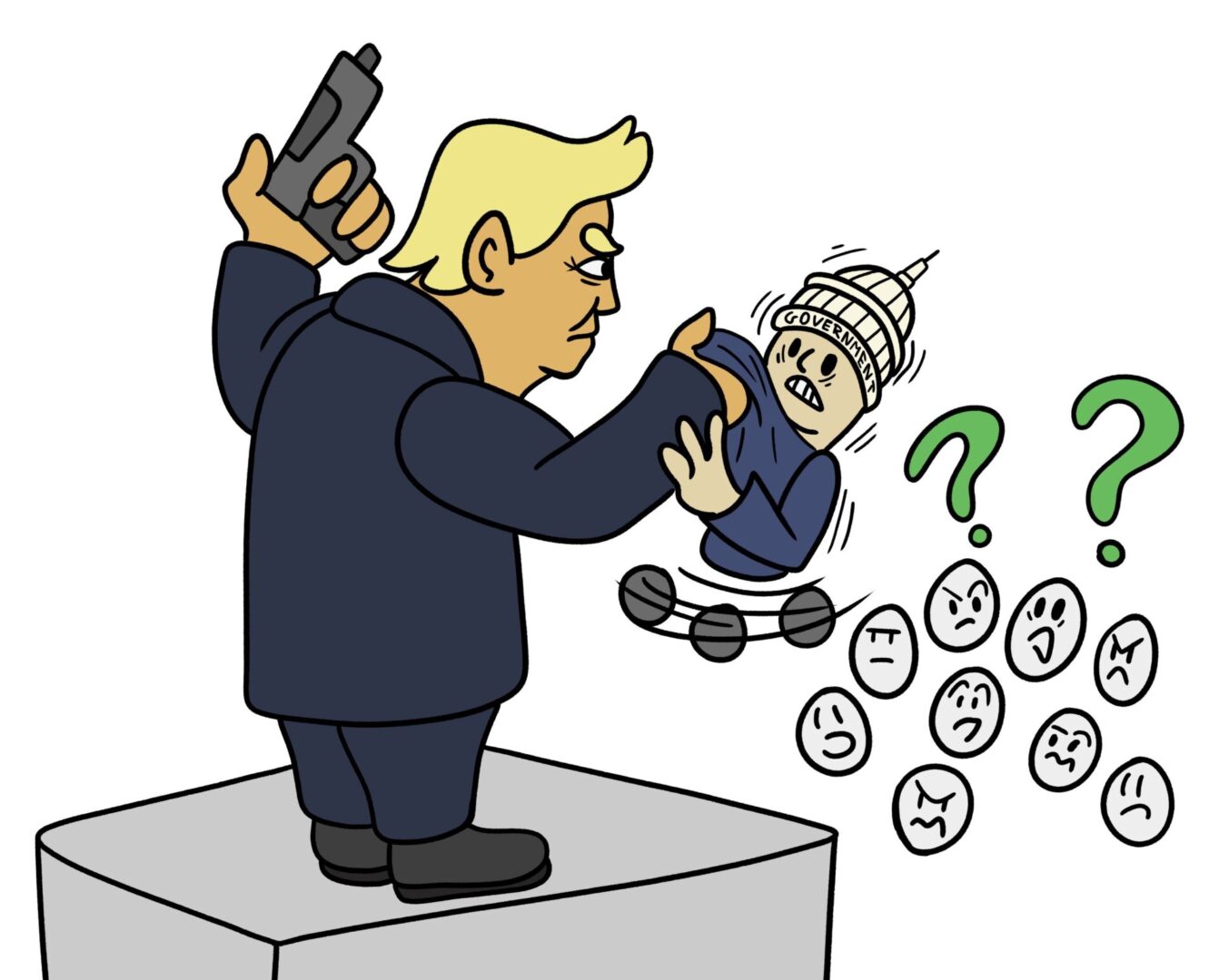 Cartoon figure holding gun and puppet