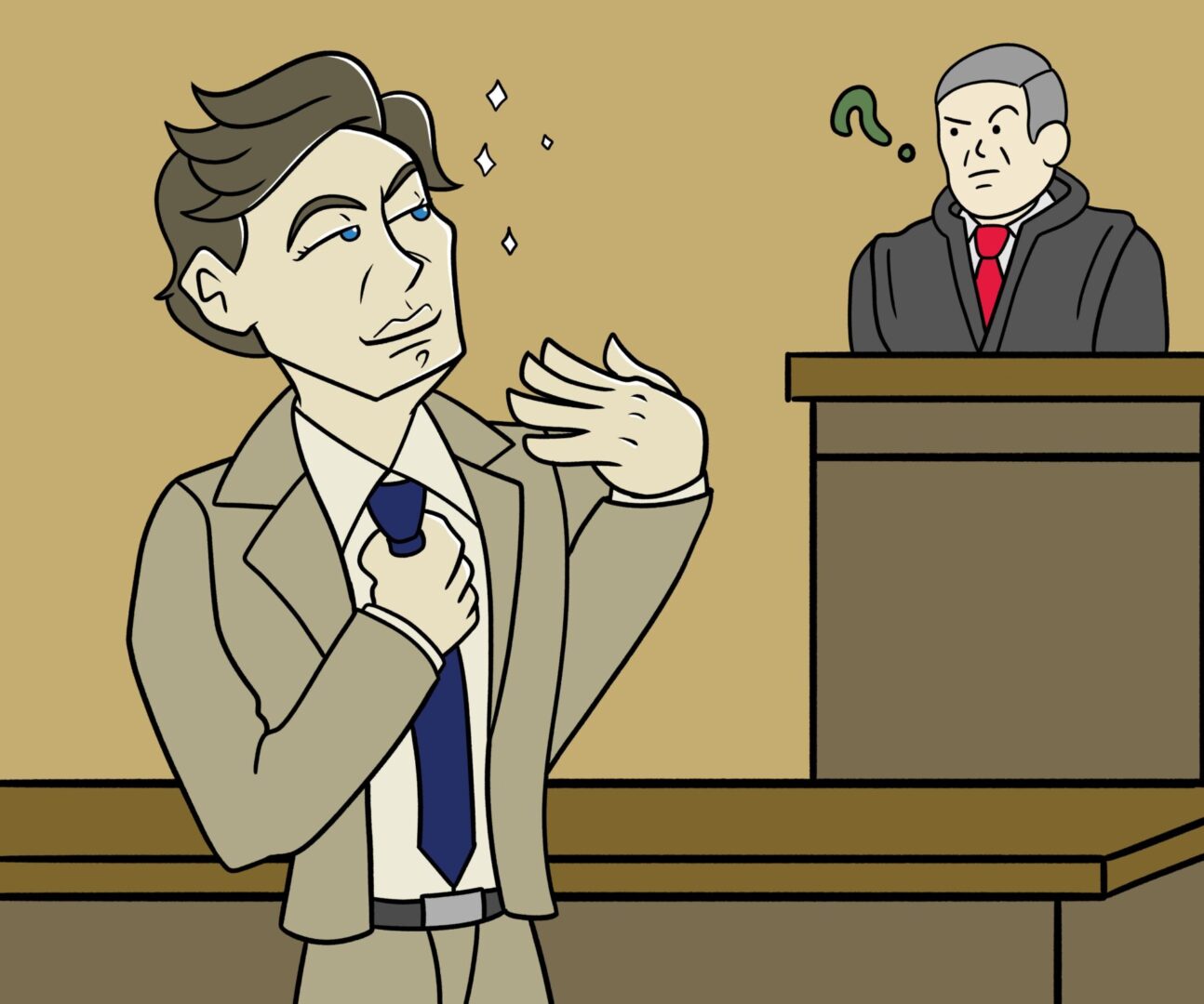 Confident lawyer in courtroom scene