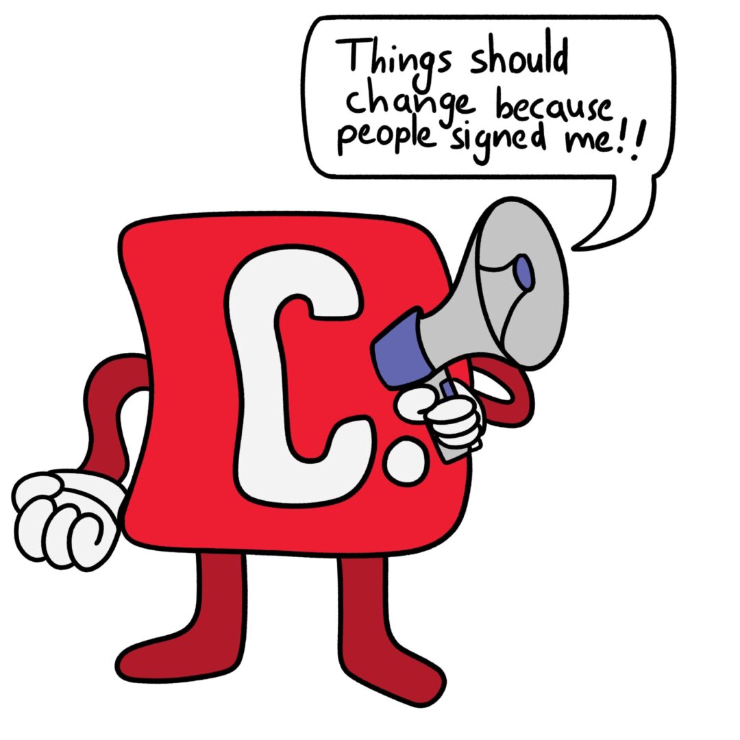 Red character holding a loudspeaker.