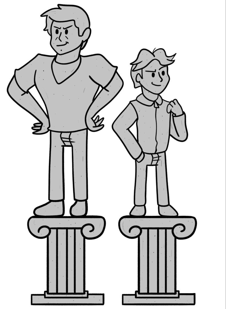 Two confident cartoon figures on pedestals