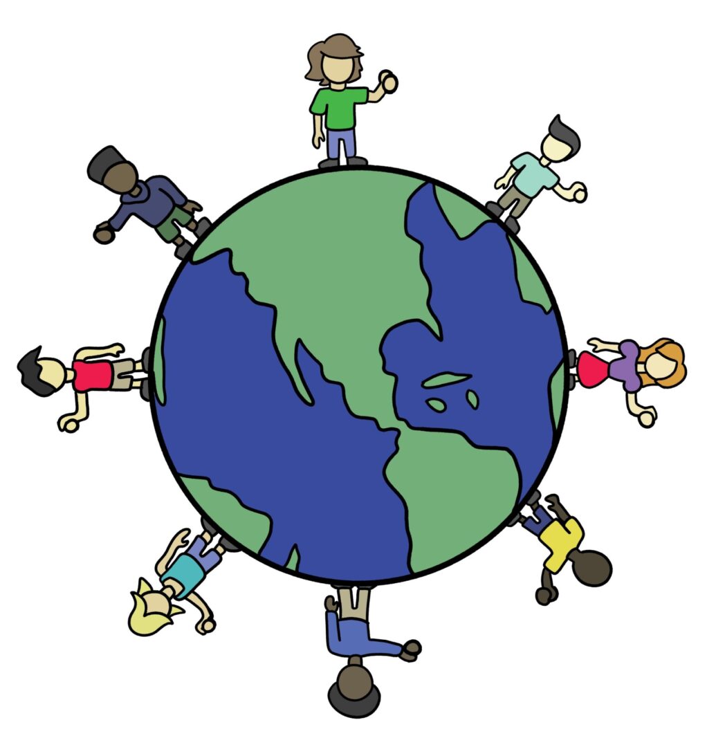 Cartoon people around the Earth