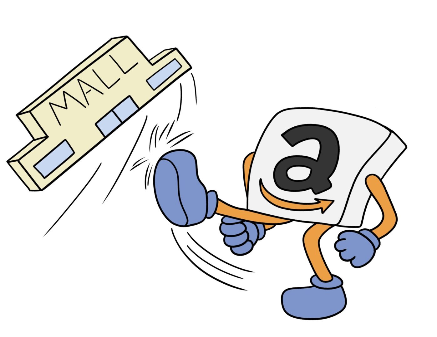 Amazon character kicking a mall building