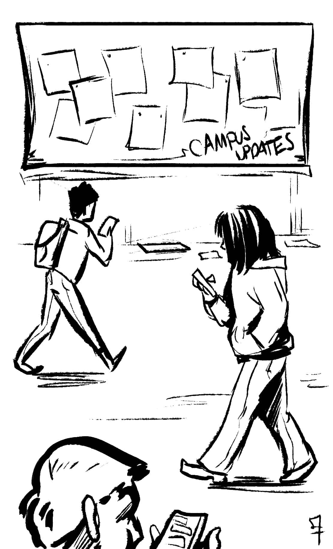 People checking phones near bulletin board.