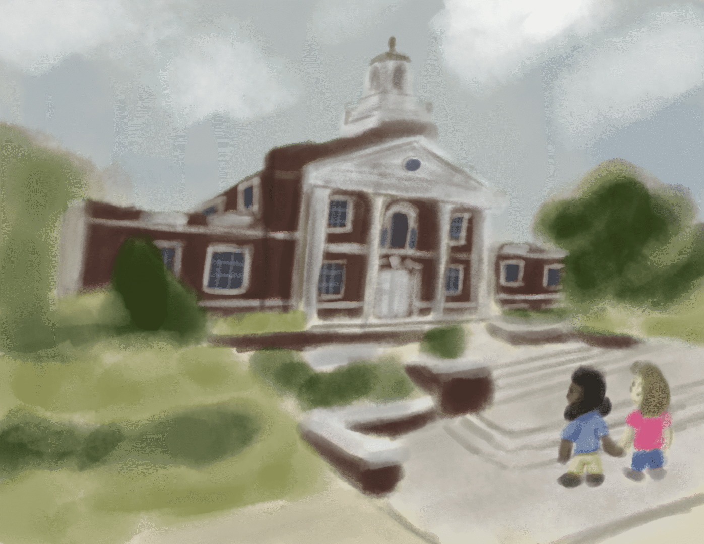 Kids near a red-brick building