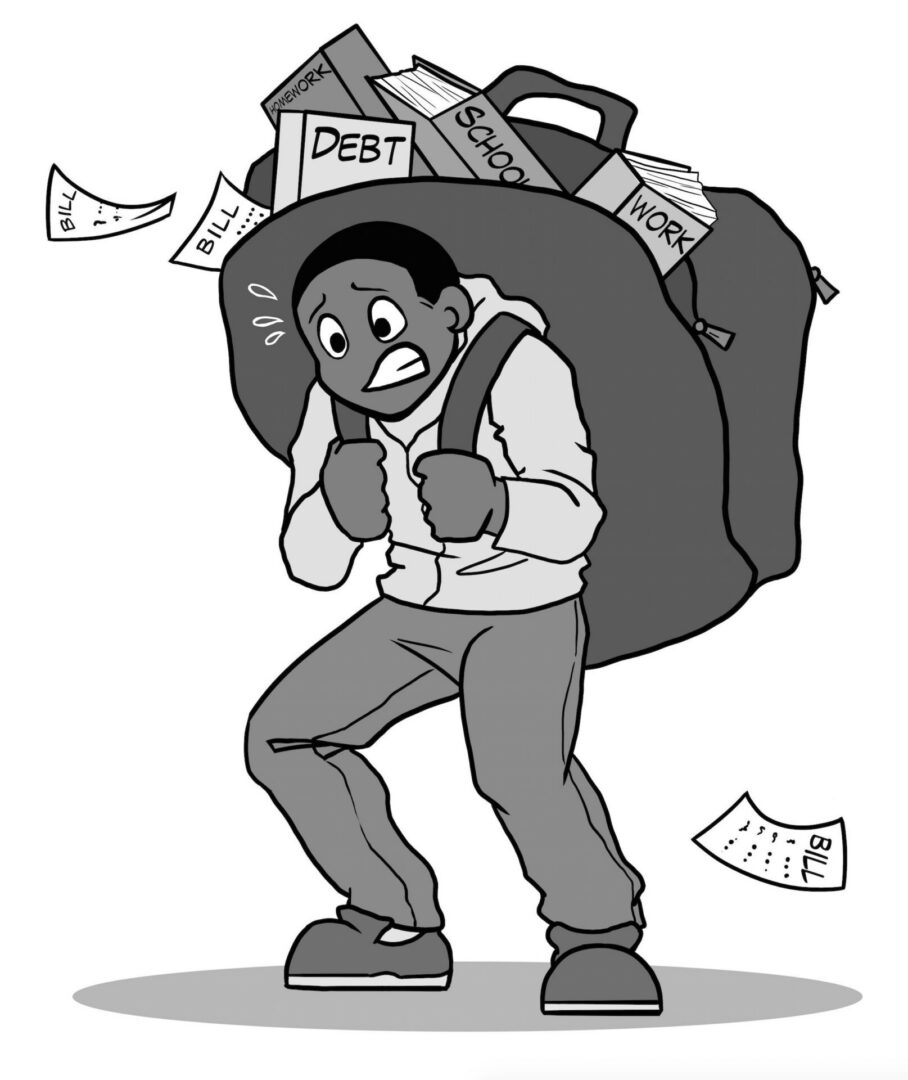 Stressed individual with overloaded backpack