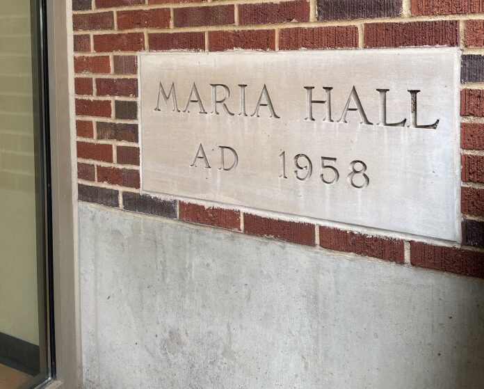 Maria Hall building sign, 1958